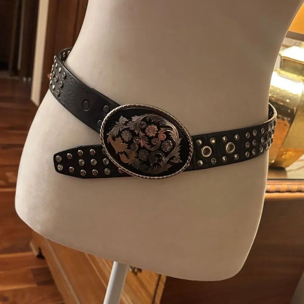 Black Studded Belt with Ornate Buckle